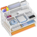 Docnest 3 Tier Mesh Desk Organizer with Letter Tray & Paper Sorter, White | Features 3 built-in pen holders & 5 adjustable compartments on top. Includes 4 non-slip rubber feet for desk protection