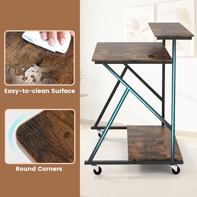 Giantex Rolling Computer Desk with Charging Station, Mobile Portable Laptop Desk with Monitor Stand & Storage Shelf, Small Desk with Lockable Wheels for Small Spaces, Home Office (Rustic Brown)
