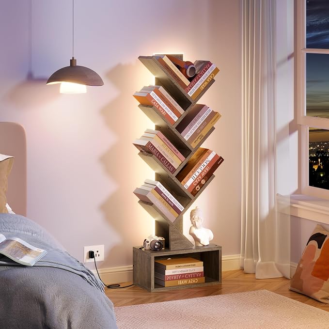 Hoctieon 6 Tier Tree Bookshelf, Tall Bookcase, Freestanding Book Shelf with LED Lights, Display Floor Standing Storage Shelf, Book Organizer Shelves for Home Office, Living Room, Greige