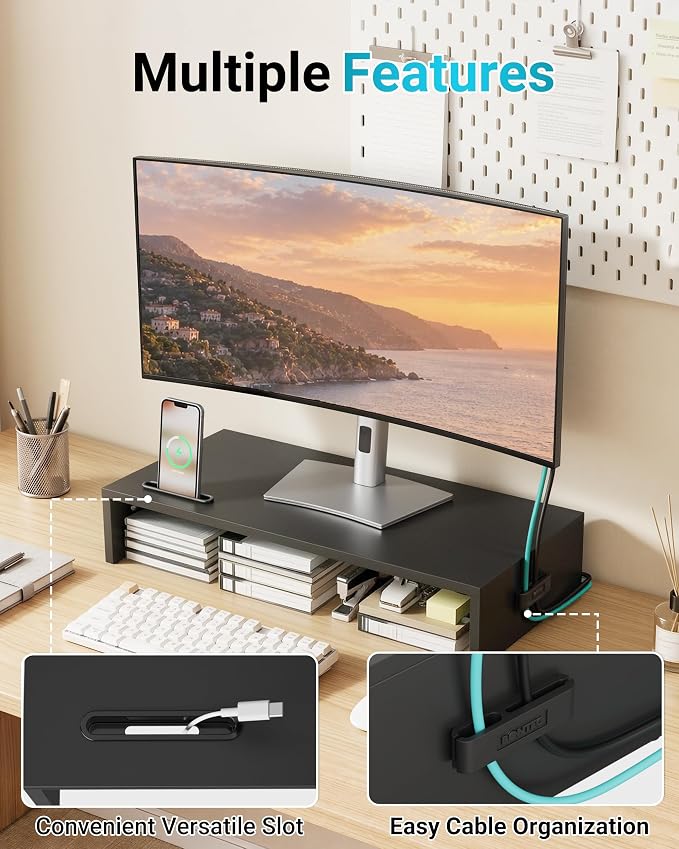 1home Ergonomic Monitor Stand Riser, 21.3 Inch Wood Desktop Stand with Cellphone Holder and Cable Management, Black | Wood Desktop Organizer with Cellphone Holder and Cable Management for PC, Laptop, Printer and Home Office Workspace