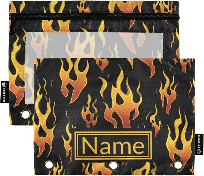 Custom Yellow Orange Fire Flames Pencil Pouch for 3 Ring Binder, 2 Pack Personalized Name Waterproof Pencil Bags Clear Window Pencil Case School Office Supplies