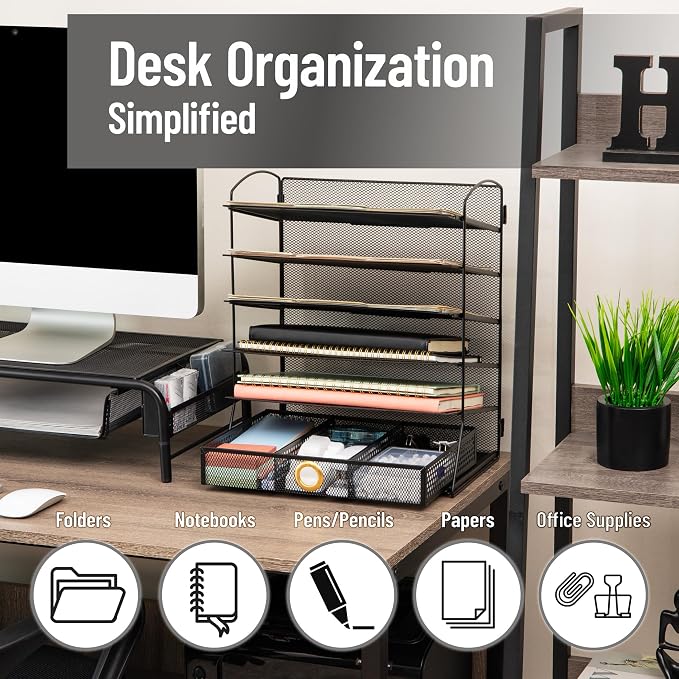 Mind Reader 5 Tier Desk Organizer, Black | Sliding Trays and Drawer, Metal Mesh File Sorter, Angled Shelves, Divided Storage