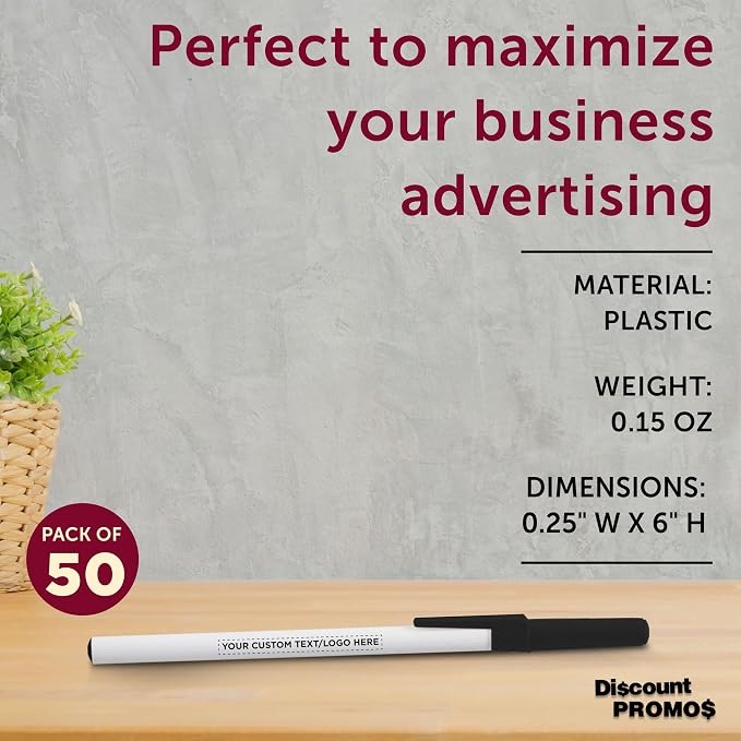 DISCOUNT PROMOS Custom Value Stick Pens Set of 50, Personalized Bulk Pack - Black Ink, Great for Office, School, Business, Tradeshows, Events - Black