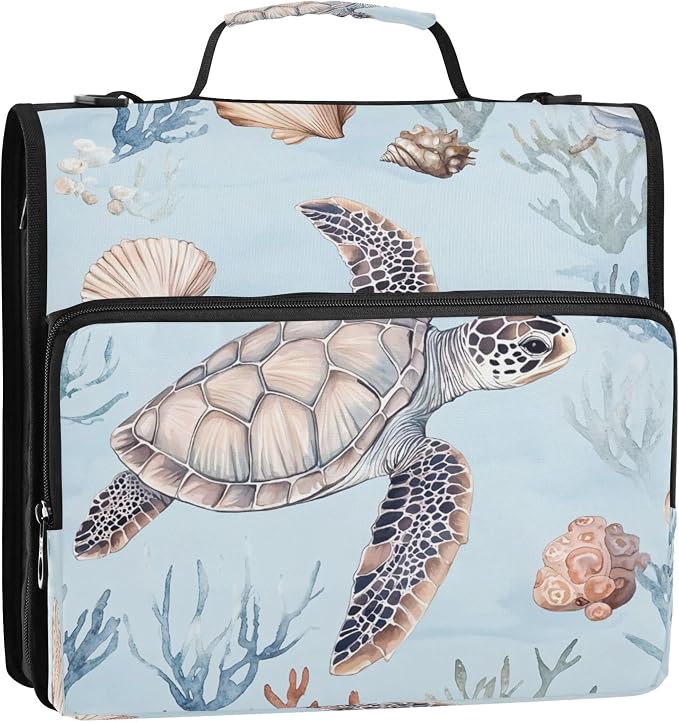 3 Ring Zipper Binder Watercolor Sea Turtle Binder Organizer Portfolio with File and Shoulder Strap & Handle Large Capacity File Folder
