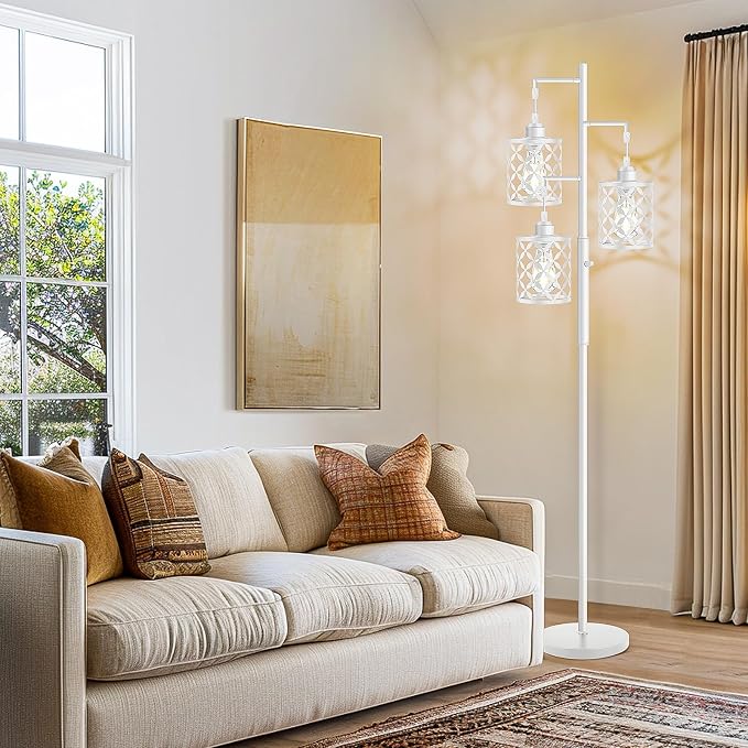 Dimmable Floor Lamp, Farmhouse Standing Lamp with Elegant Metal Cage, Industrial Tall Tree Floor Lamps for Living Room Bedroom Study Room Office, 3 x 800LM LED Bulbs Included - 72", White