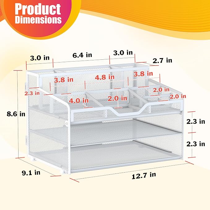 Docnest 3 Tier Mesh Desk Organizer with Letter Tray & Paper Sorter, White | Features 3 built-in pen holders & 5 adjustable compartments on top. Includes 4 non-slip rubber feet for desk protection