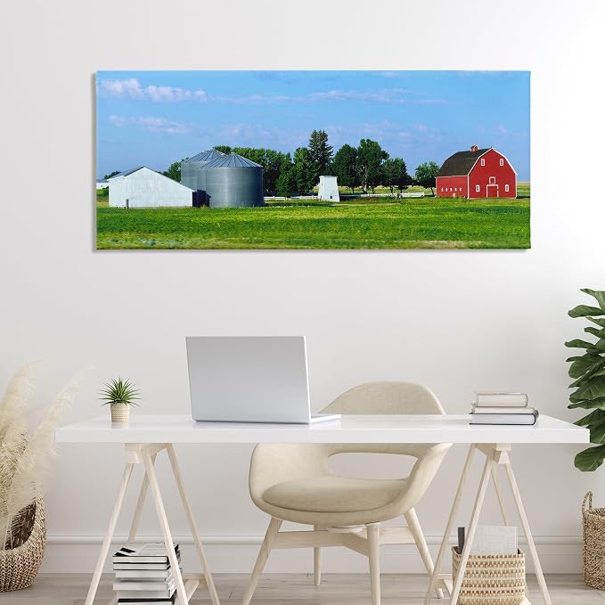 Barn with Silo Farmhouse Landscape, 20 x 48 Inch Canvas Wall Art | Stupell Industries · By Gail Peck · Ready to hang · Great for living room or family room · Made in USA