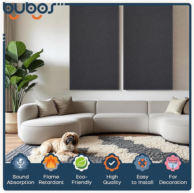 BUBOS 2 PCS Fabric Acoustic Panels,47.2''x23.6'' Decorative Sound Dampening Panels, Art Large Acoustic Wall Panels for Studios, Office, Home Theater,Max CavityPro Grey