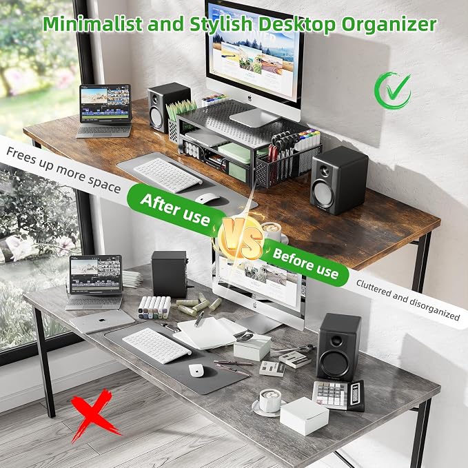 Simple Trending Monitor Stand with Drawer, 2-Tier Laptop Stand, Black | Desk Organizers and Accessories with Drawer and 2 Pen Holders, Sturdy Metal Stand Riser for Home Office, 20"W x 10"D x 5.8"H