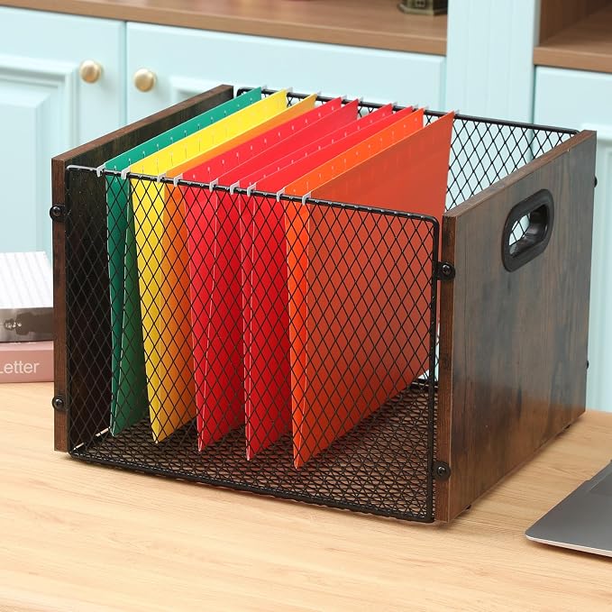 Yalikop Rustic Brown Wood File Box Organizer, Hanging Folder Storage Boxes, Filing Crate Bin Holder with Handle for Home Office Desk, Letter Size