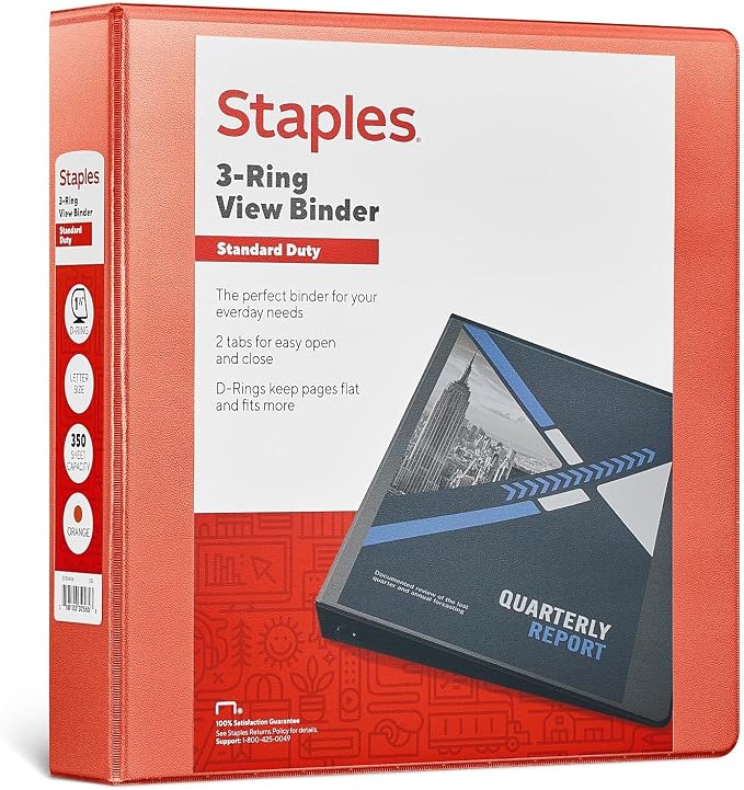 Staples Standard 1.5-Inch 3-Ring View Binder, Holds Up to 350 Sheets, Orange, Durable Binder for Office & School