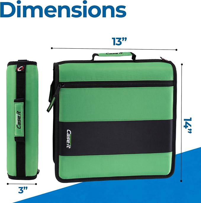Case-it School Zipper Binder | 2" O-Rings | 350-Sheet | D-251 Canopy Green | Classic, Multiple Storage Pockets, Shoulder Strap, School & Office Organizer