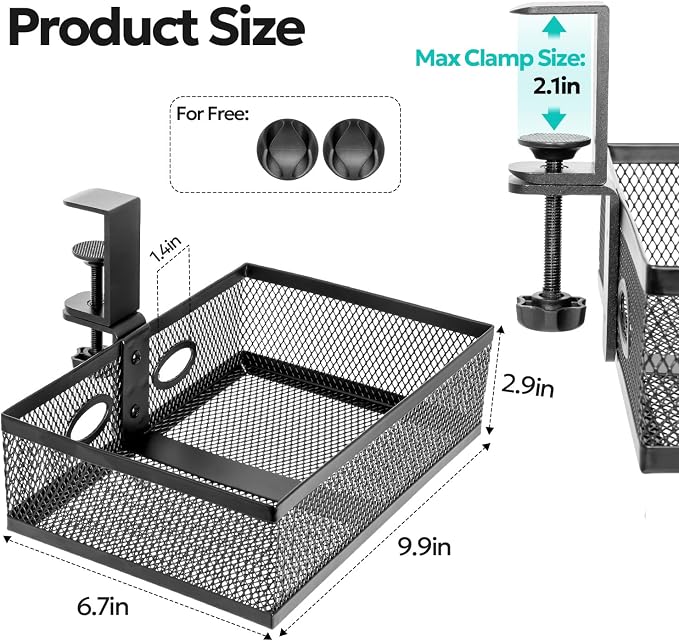 Under Desk Organizer, Clamp On 360 Swivel Mesh Drawer, No Drill, Black | Pulchrum hidden storage basket with cable holes, 10 lb capacity attachment for standing or gaming setups, home office tidy