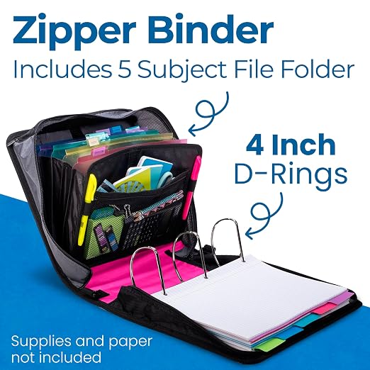 Case-it King Sized Zip Tab School Zipper Binder | 4-Inch D-Rings, 800 Sheet Capacity, 5-Subject Expanding File Folder, Multiple Pockets & Storage Organizer, Shoulder Strap | D-186 Magenta (Pack of 4)