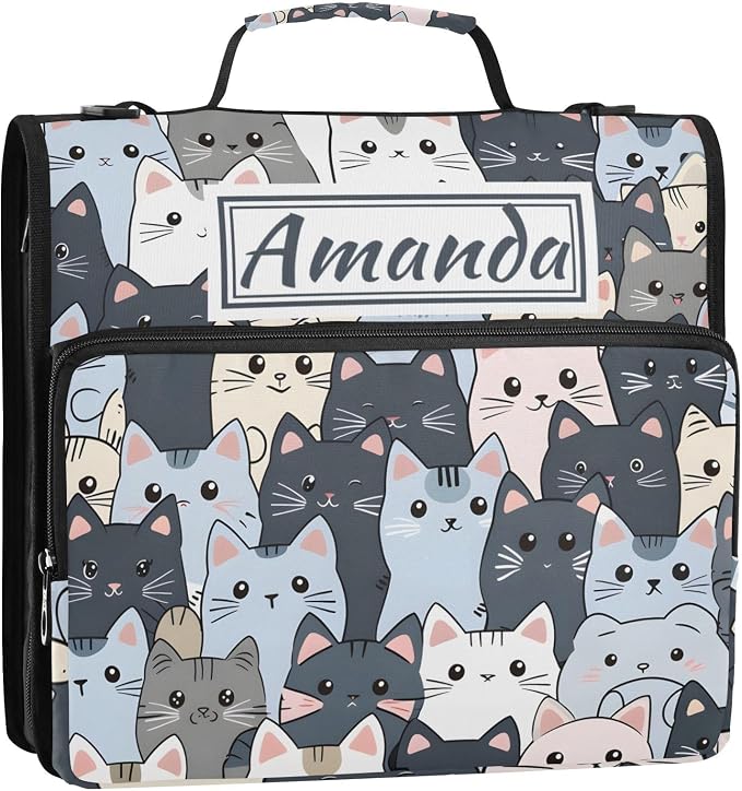 Custom 3 Ring Zipper Binder Cat Cute Blue Personalized Name 1.5 inch Binders Large Capacity Multi Pockets for School Office Supplies