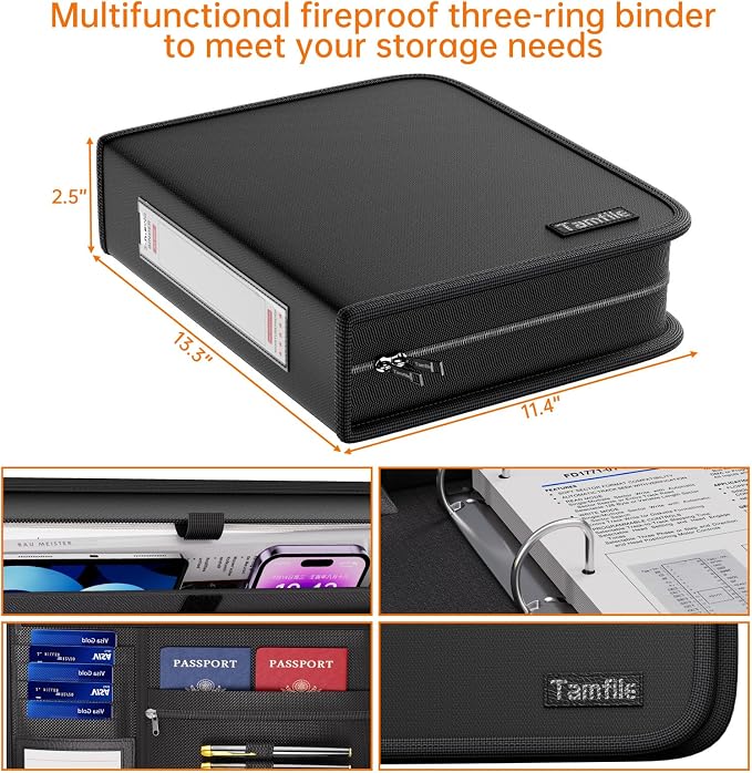 Tamfile Fireproof 3 Ring Binder with Zipper, 1.5 Inch D Ring Binder, Black | Hold Up 375 Sheets of 8.5"x11" A4 Paper, Portable Safe Storage with Large Pockets, Important File Storage for A4 Files