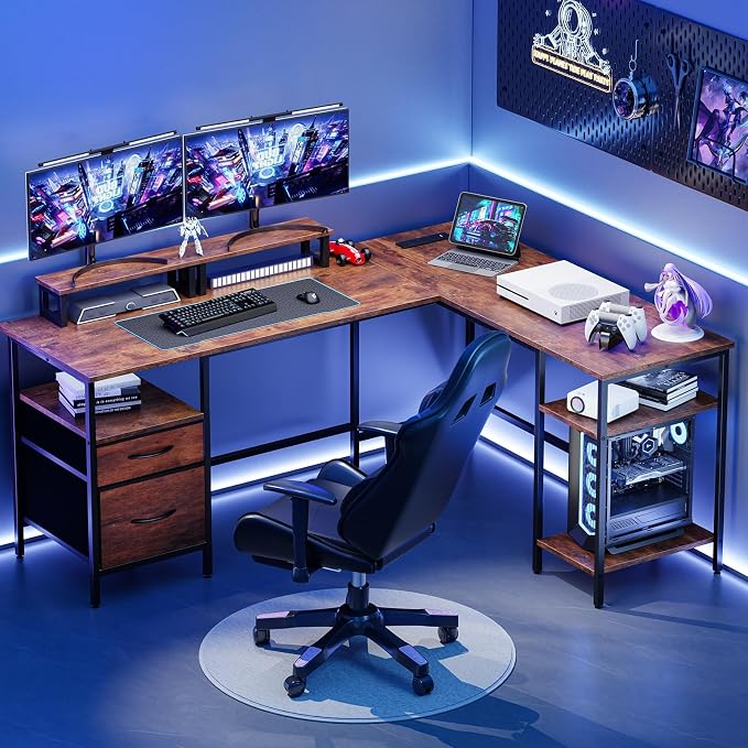 DUMOS 62 Inch L Shaped Computer Desk with Charging Station | Corner Gaming Desk with Dual Monitor Stands, Drawer & Adjustable Shelves for Home Office, Rustic Brown