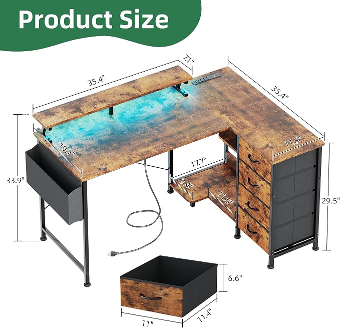 VERMESS 47" Reversible L Shaped Gaming Computer Desk, Corner Desk with Power Outlets & Monitor Stand, Writing Study Table with 4 Storage Drawers, Desk with LED Lights, Rustic Brown