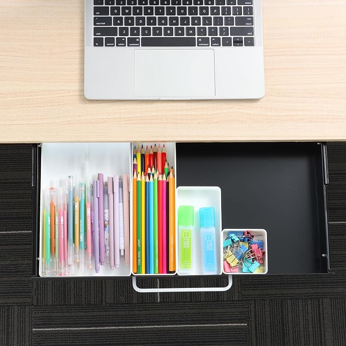 Under Desk Drawer 21" with 4 Divider Trays, Storage Drawer Organizer | Black, Under Counter, Desk Accessory, Attachable for Workbench, Adjustable Brackets, for Desk Lip with Crossbar, Clamp Mount