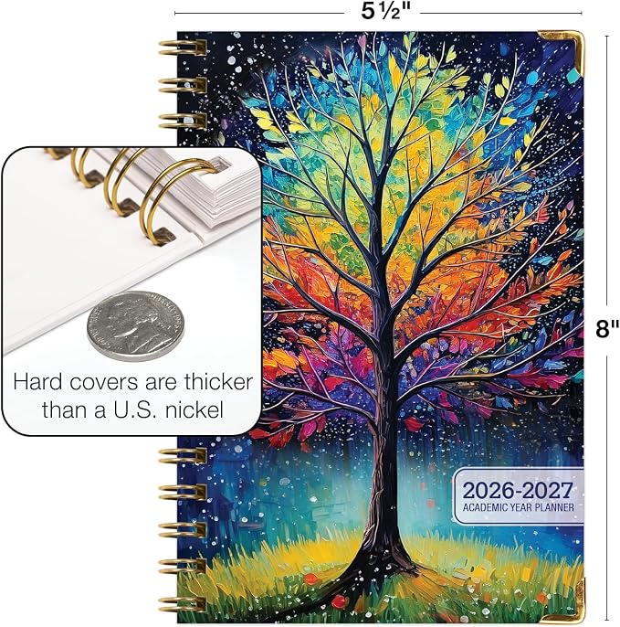 HARDCOVER Academic Year 2026-2027 Planner: 14 Months (May 2026 Through June 2027) 5.5"x 8" Daily Weekly Monthly Planner Yearly Agenda. Bookmark, Pocket Folder and Sticky Note Set (Black Tree Seasons)