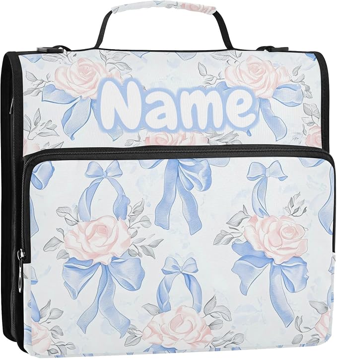 Custom Blue Bows Pink Roses 3 Ring Binder Bag 1.5 inch Personalized Name Binder Organizer 500 Sheet Documents Storage for School Office