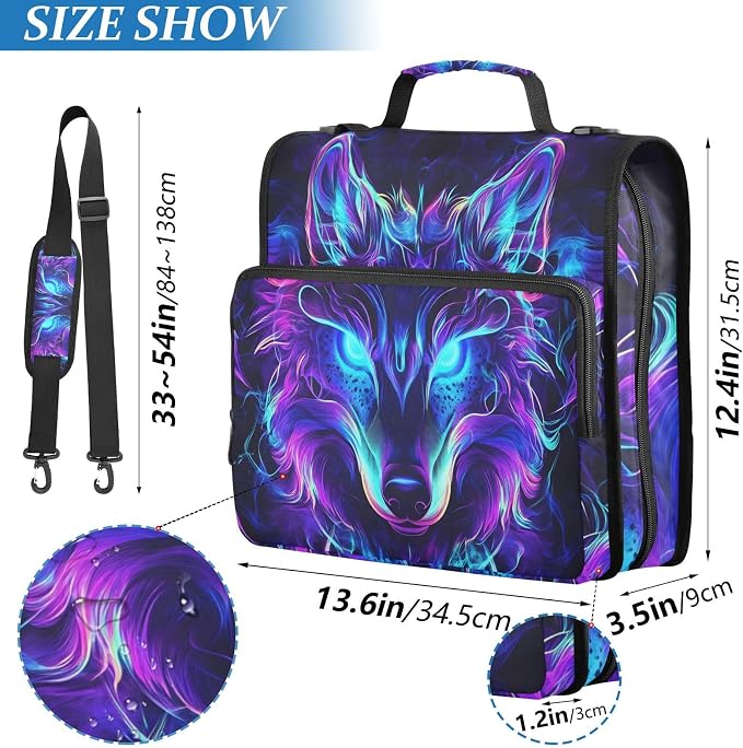 Mystical Wolf Face 3 Ring Binder Bag 1.5 inch Binder Organizer with Zipper Shoulder Strap 500 Sheet Documents Storage for School Office