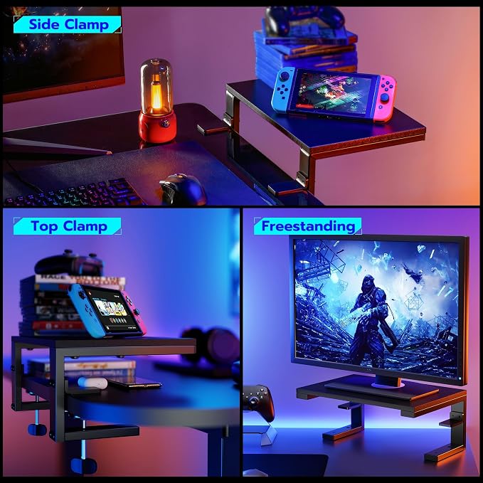 ARES WING Clamp-On Desk Extender Monitor Shelf, 15x9.8 up to 44lbs | Desktop Riser for Office/Gaming，Space Booster，Freestanding or Clamp Mount，No Drill Desktop Organizer，Black