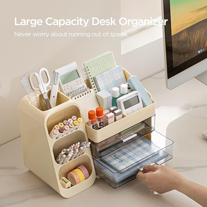 HBlife Desk Organizer with Pen Pencil Holder for Desk, Pen Organizer with 2 Drawers, Desk Organizers and Accessories with 4 Compartments, Desktop Storage for Office Home School Art Supplies, Beige