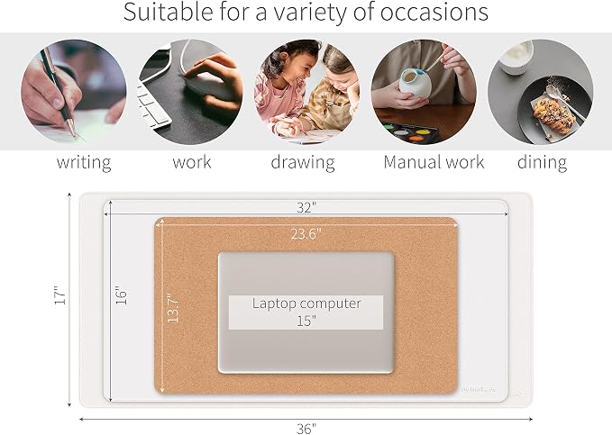RENMTURE Dual-Sided Mouse Pad, Natural Cork & PU Leather Large Desk Pad for Office and Home Work, Desk Protector Non-Slip, Waterproof, Easy Clean (White, 36"x17")