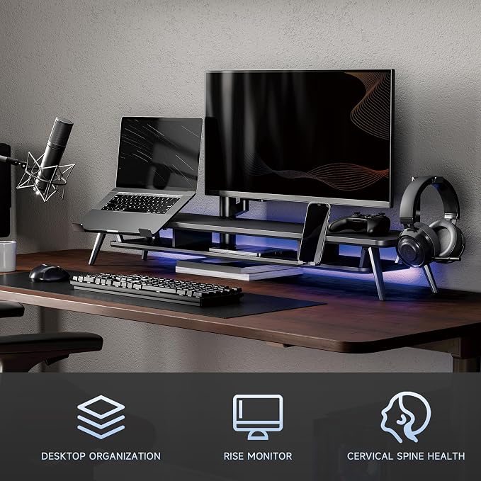 Fenge 42.5-Inch Monitor Stand Riser with Laptop, Phone & Headphone Holders | 10° Adjustable Laptop Holder, 2-Tier Storage, Dual Monitor or Monitor-Laptop Setup, Ideal for Multitasking, Gaming, Streaming