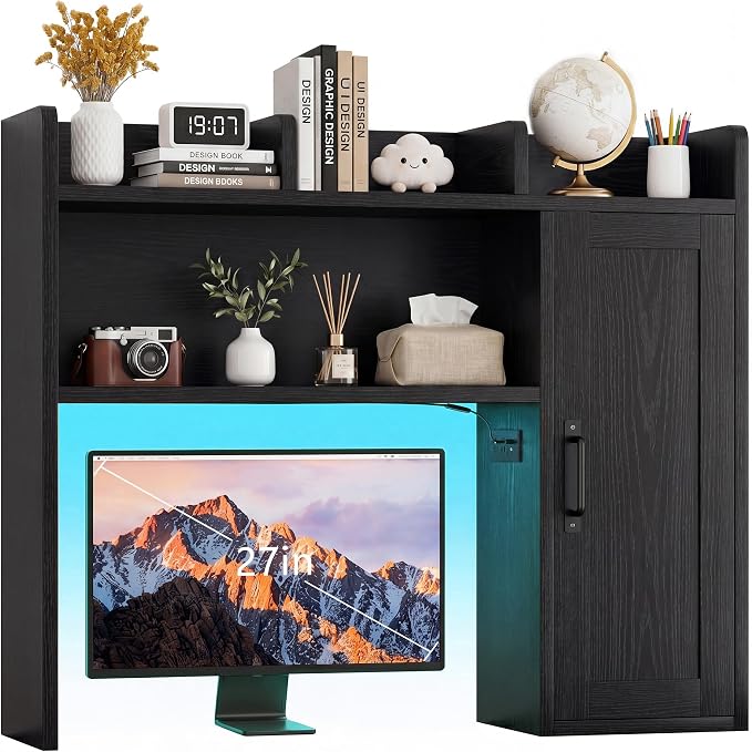 Desktop Storage Shelf, 37.4" Computer Desk Organizer 3-Tier Wood | Desktop Storage Shelf Desk Hutch Dorm with RGB LED Light & Power Outlets for PC Gamers, Office, College Dorm Must Haves-Black