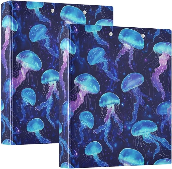 JIPONI 3 Ring Binder Jelly Fishs Blue 1 Inch Round Binders for Men Women Students, Cute File Organizer for Office Home School