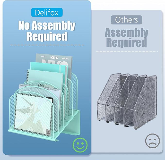 Delifox Inclined Desk File Organizer,Vertical File Folder Holder Stand Metal Rack File Sorter for Office Classroom Desktop Organization (1, Aqua, 5)