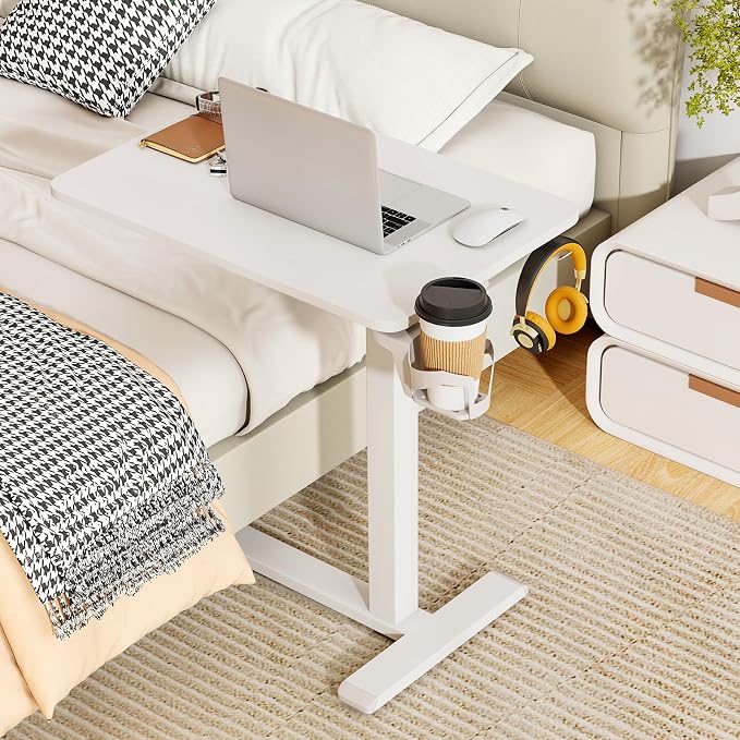 Tangkula Mobile Standing Desk, Pneumatic Height Adjustable Rolling Desk with Cup Holder & Headphone Hook, Overbed Table with Hidden Wheels, Laptop Computer Cart for Couch, Home, Office (White)