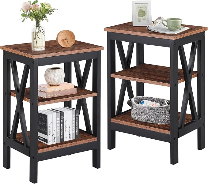 VECELO End Table Set of 2, Bedside Table, 24" Tall Living Room End Tables, X-Design Reinforced Nightstands, Side Table with 3-Tier Storage Shelves for Small Spaces, Office, Bathroom, Bedroom, Brown