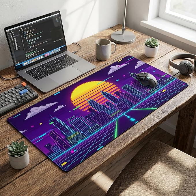 XXL Extended Gaming Mouse Pad, Cyberpunk Neon Synthwave Desk Mat Pixel | Retro Pixel Art Sunset Design with Stitched Edges & Non-Slip Rubber Base, Large Keyboard Mat for Gaming PC, Office Setup
