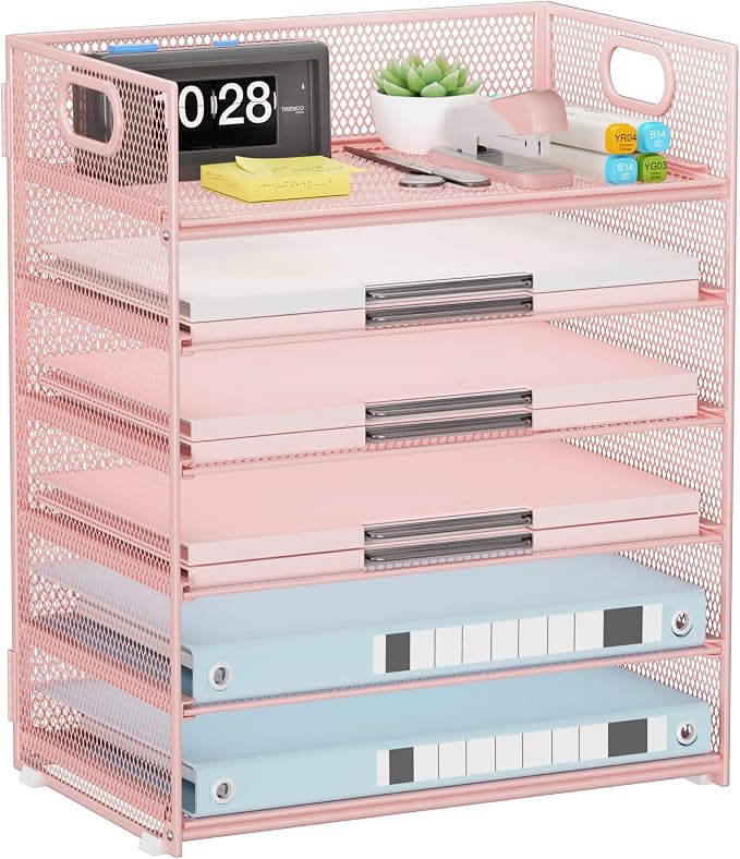Pink Paper Organizer for Desk with Handle, 6-Tier | Metal Mesh File Organizer, Stackable Desktop Organizer for Office Supplies & Stationery Storage