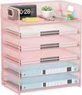 Pink Paper Organizer for Desk with Handle, 6-Tier | Metal Mesh File Organizer, Stackable Desktop Organizer for Office Supplies & Stationery Storage