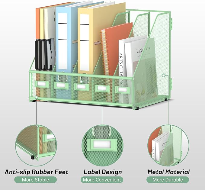 Desk Organizers Metal Desk Magazine File Holder with 5 Vertical Compartments Rack File Organizer for Office Desktop, Classroom, Home Workspace, Green, Plus
