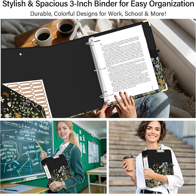 3 Ring Binder 3 Inch, Cute Round Ring Binder with 6 Tab Dividers & Label Stickers, Low Profile Clipboard with Storage, Fashion Binder for School Office Supplies (Wild Flowers)