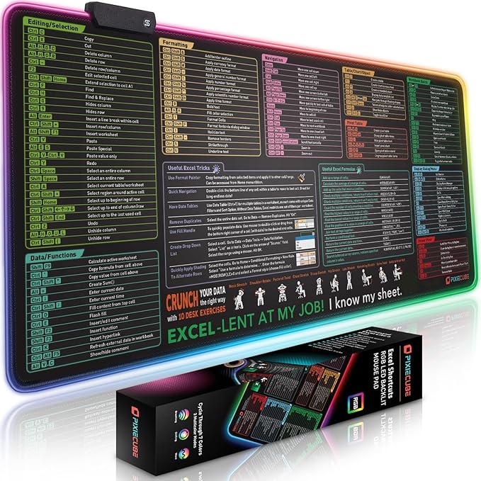 Excel Cheat Sheet LED Desk Pad | Excel Shortcut Keys Mouse Pad - Colorful RGB Luminous Extended Large Gaming Mousepad| PC Office Spreadsheet Keyboard Mat| Non-Slip Stitched Edge Desk Mat
