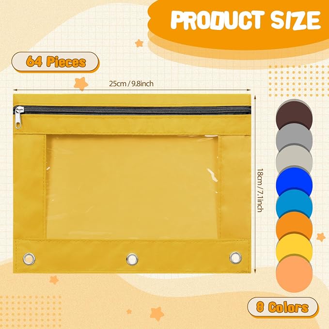 Leinuosen 64 Pack Pencil Pouch Bulk for 3 Ring Binder, Pencil Case with Black Zipper and Clear Window, Assorted Colored Storage Bags for Office, Back to School Classroom Supplies