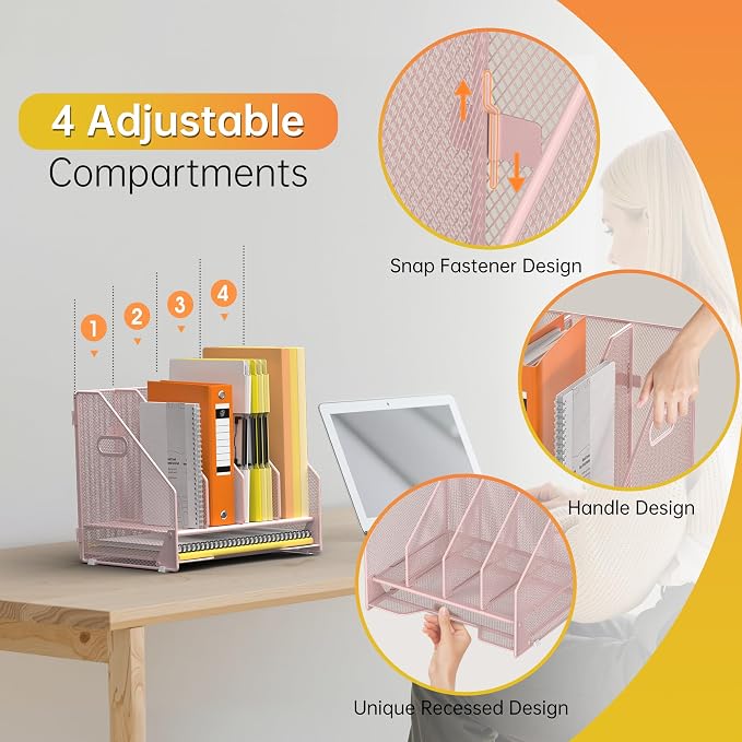 Docnest Mesh Desk File Organizer, 4 Vertical Compartment Box Sorter, Pink | Features 3 removable middle dividers for custom spacing and a bottom letter tray to hold paper, mail, and documents