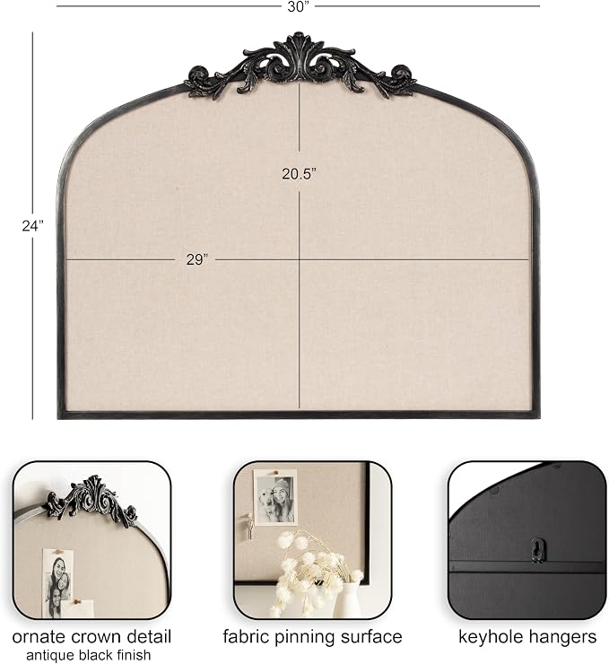 Kate and Laurel Arendahl Vintage Ornate Framed Wide Arch Pinboard | 30 x 24, Black, Fabric Pinning Surface, Vintage Crown, Use as Motivational Vision Board or Wall Organizer, Dorm Room Decor