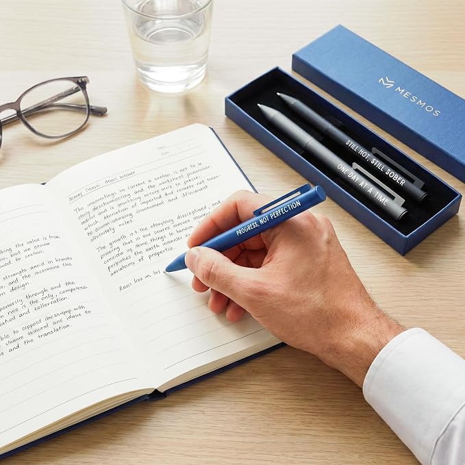 MESMOS Meaningful Sobriety Gifts for Men, 3pk Fancy Pen Set with German-Made Ink, Inspirational Pens, Proud of You Sober Gifts, Sober Affirmation Quote