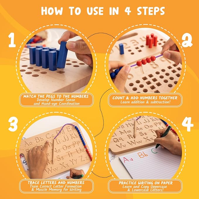 Hulats Montessori Counting Peg Board - Number & Letter Tracing Board - Wooden Montessori Alphabet & Counting Toys Toddlers 3+ Years Old - Alphabet Learning + Education Home Schooling Materials Pre-K