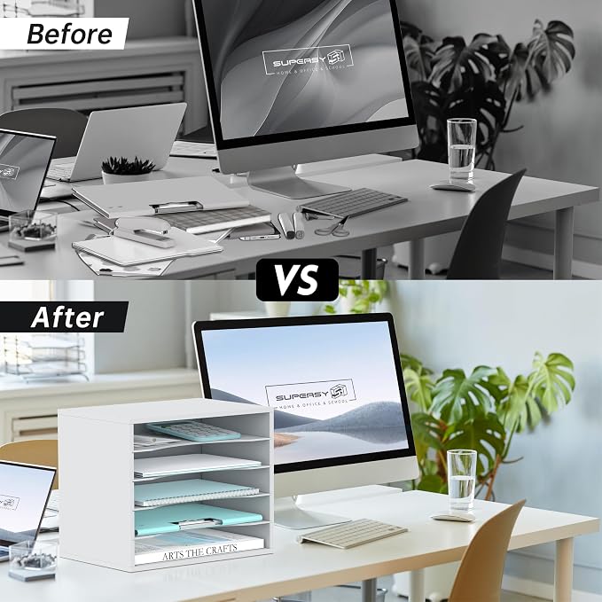 5 Tier Wood Desk Organizer, Mail Sorter and Paper Organizer for Desk, White | Wooden Desktop Organizer for Sorting Papers, Letters and Mails, Literature Organizer for Home Office, Classroom Organization