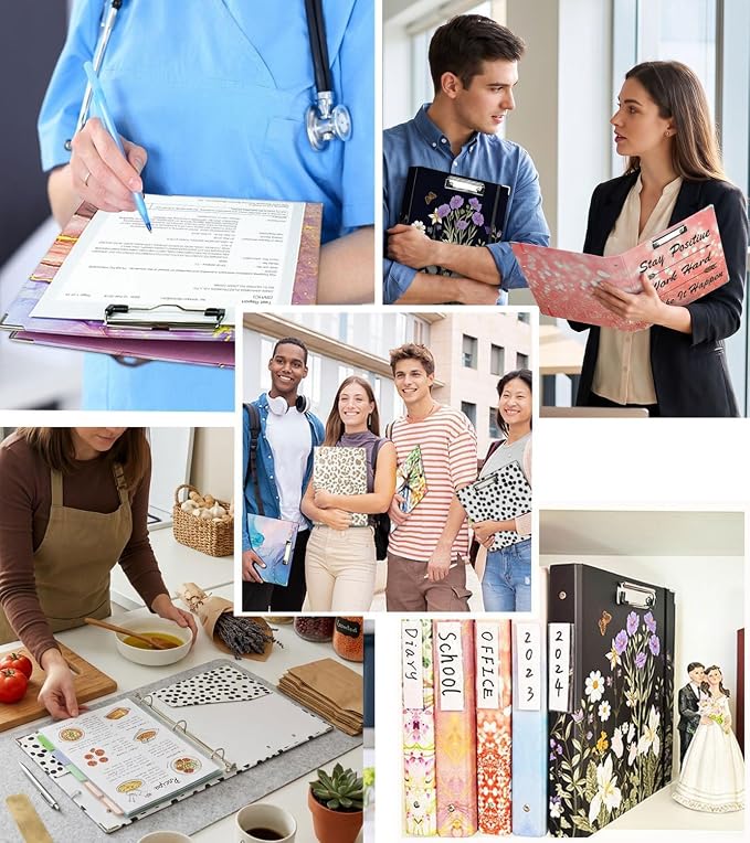 3 Ring Binder 1 Inch, Three Ring Binders Organizer with Clipboard, 5-Tabs Pockets Dividers, Plastic Folder, 18 Divider Stikers, BVSSX Pretty Binder with Pen Loop (Black Weeds, Letter Size)