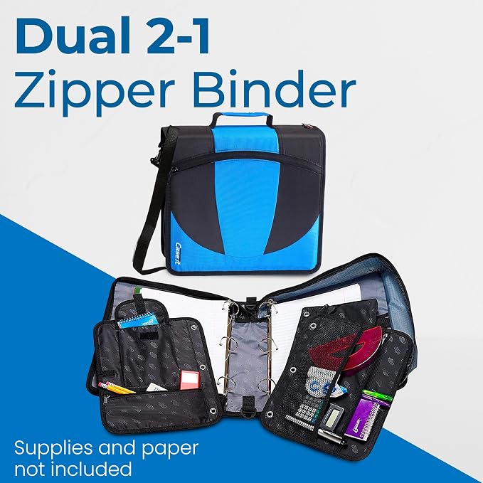 Case-it Dual Binder | Two 1.5" D-Rings | 600-Sheet | Dual-101 Denim Blue | Dual 2-in-1, Pencil Pouch, Multiple Pockets, School & Office Organizer, Shoulder Strap