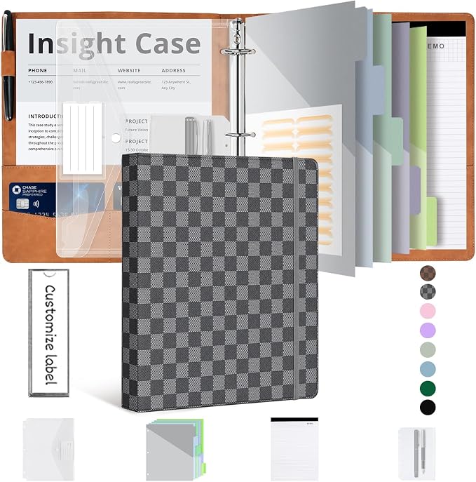 Grid Leather 3 Ring Binder 1 Inch, with Clipboard Notepad&5 Dividers with Pockets, Labels,PU Clipboards for School Office(Black,Letter Size)